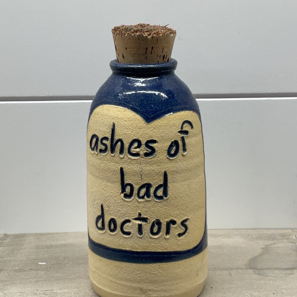 Ashes of Bad Doctors Studio Pottery Jar Blue Stoneware Cork Stopper 7 Inch